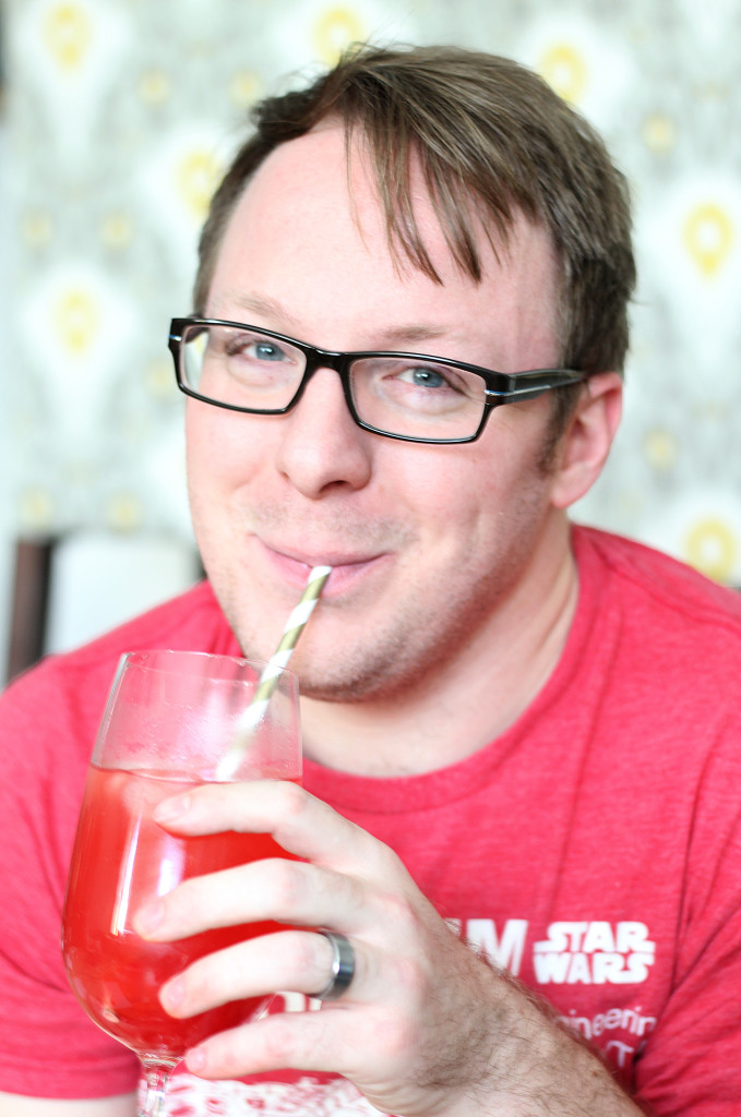 Aaron drinking Pink Lemonade Punch